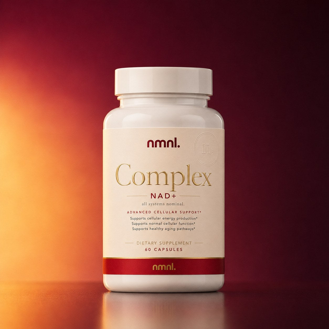 nmnl. Complex bottle. NAD+ 500mg · Resveratrol 150mg · Quercetin 250mg · 60 capsules